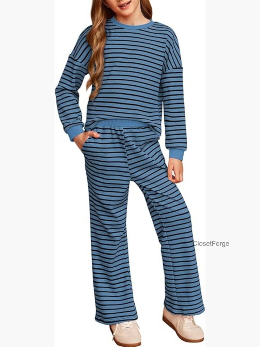 Kids Fall Waffle Long Sleeve Striped Sweatsuit Set Size 6-15 - Picture 1 of 7
